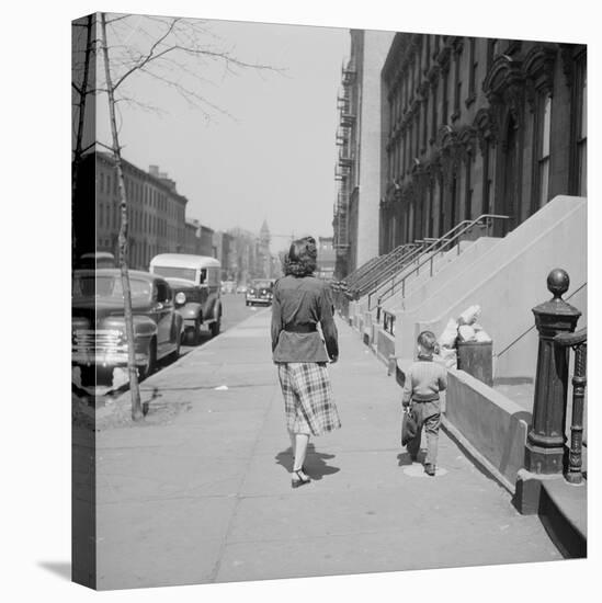 Mother and Son Walking Down Brooklyn Street Together, NY, 1949-Ralph Morse-Stretched Canvas