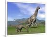 Mother Argentinosaurus Dinosaur and Baby Grazing a Green Landscape-null-Framed Art Print