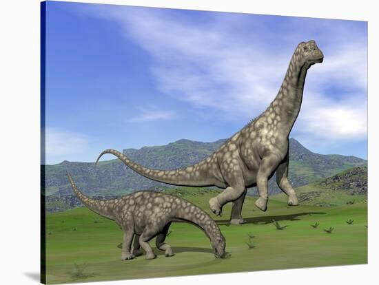 Mother Argentinosaurus Dinosaur and Baby Grazing a Green Landscape-null-Stretched Canvas