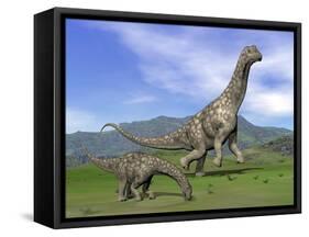 Mother Argentinosaurus Dinosaur and Baby Grazing a Green Landscape-null-Framed Stretched Canvas