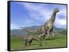 Mother Argentinosaurus Dinosaur and Baby Grazing a Green Landscape-null-Framed Stretched Canvas