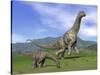 Mother Argentinosaurus Dinosaur and Baby Grazing a Green Landscape-null-Stretched Canvas