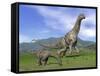 Mother Argentinosaurus Dinosaur and Baby Grazing a Green Landscape-null-Framed Stretched Canvas