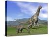 Mother Argentinosaurus Dinosaur and Baby Grazing a Green Landscape-null-Stretched Canvas