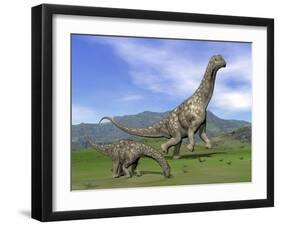 Mother Argentinosaurus Dinosaur and Baby Grazing a Green Landscape-null-Framed Art Print