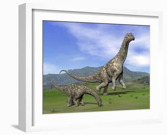 Mother Argentinosaurus Dinosaur and Baby Grazing a Green Landscape-null-Framed Art Print