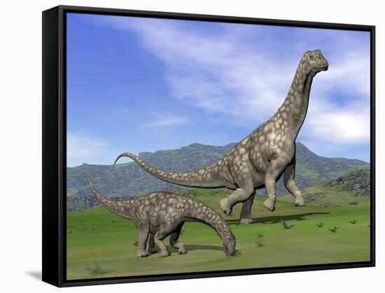 Mother Argentinosaurus Dinosaur and Baby Grazing a Green Landscape-null-Framed Stretched Canvas