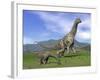 Mother Argentinosaurus Dinosaur and Baby Grazing a Green Landscape-null-Framed Art Print