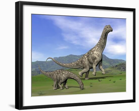 Mother Argentinosaurus Dinosaur and Baby Grazing a Green Landscape-null-Framed Art Print