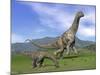 Mother Argentinosaurus Dinosaur and Baby Grazing a Green Landscape-null-Mounted Art Print