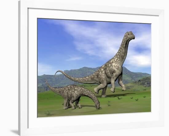 Mother Argentinosaurus Dinosaur and Baby Grazing a Green Landscape-null-Framed Art Print