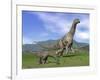 Mother Argentinosaurus Dinosaur and Baby Grazing a Green Landscape-null-Framed Art Print