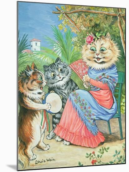 Mother Cat with Fan and Two Kittens-Louis Wain-Mounted Giclee Print