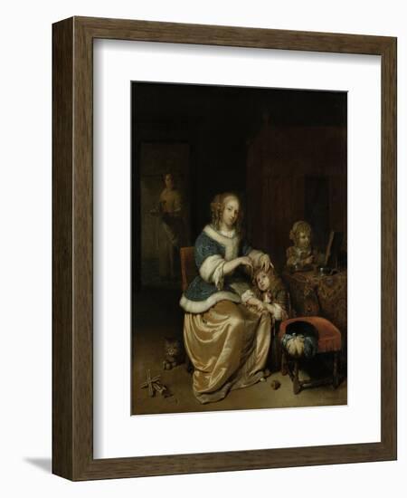 Mother Combing Childs Hair, known as Maternal Care-Caspar Netscher-Framed Art Print