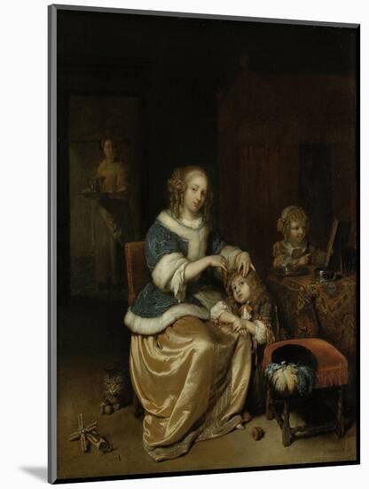 Mother Combing Childs Hair, known as Maternal Care-Caspar Netscher-Mounted Art Print