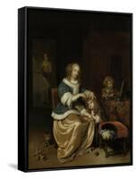 Mother Combing Childs Hair, known as Maternal Care-Caspar Netscher-Framed Stretched Canvas