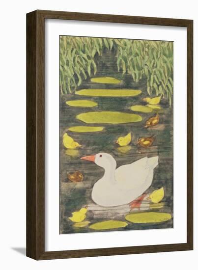 Mother Duck in the Pond with Her Ducklings-Linda Benton-Framed Giclee Print