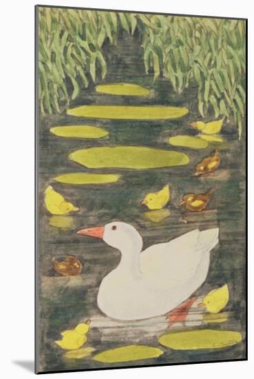 Mother Duck in the Pond with Her Ducklings-Linda Benton-Mounted Giclee Print