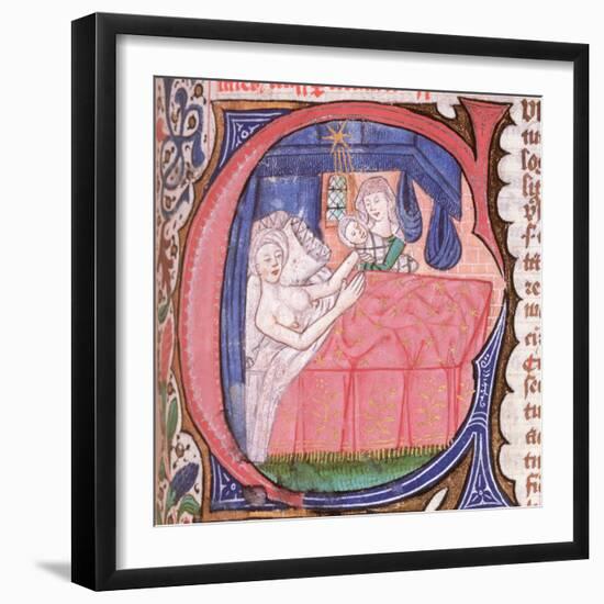 Mother receiving her newly born baby in bed, from Liber introductorium ad iudicia stellarum-Italian-Framed Giclee Print