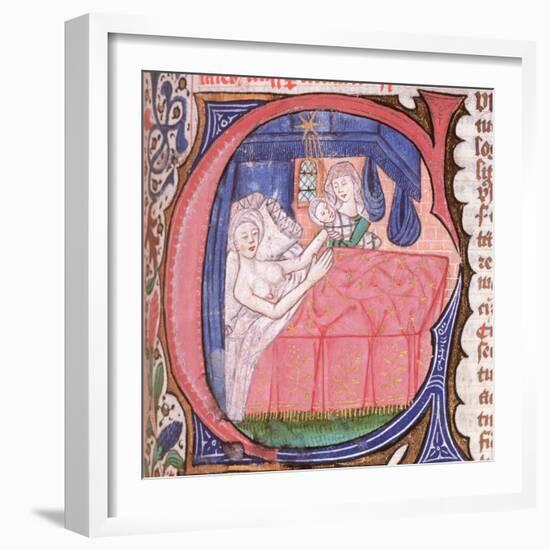 Mother receiving her newly born baby in bed, from Liber introductorium ad iudicia stellarum-Italian-Framed Giclee Print