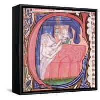 Mother receiving her newly born baby in bed, from Liber introductorium ad iudicia stellarum-Italian-Framed Stretched Canvas