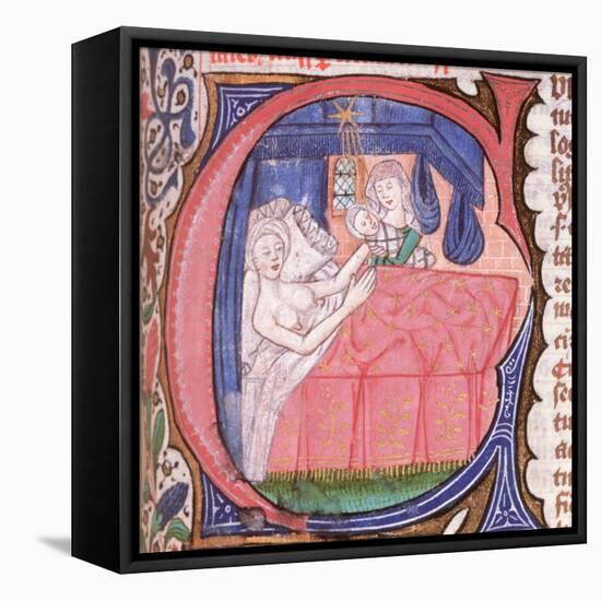 Mother receiving her newly born baby in bed, from Liber introductorium ad iudicia stellarum-Italian-Framed Stretched Canvas