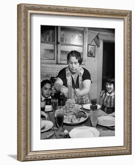 Mother Serving Spaghetti to Her Children-null-Framed Photographic Print