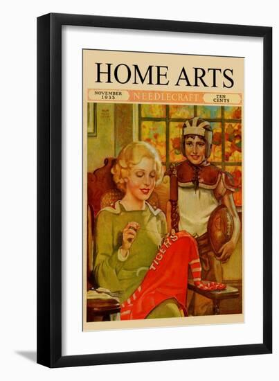 Mother Sews Her Son's Football Jersey as He Looks On-Home Arts-Framed Art Print