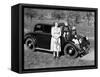 Mother Stands Next to Her Two Sons Sitting on the Hood of their Mercedes Automobile, Ca. 1950-null-Framed Stretched Canvas