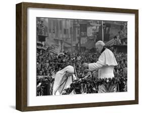 Mother Teresa Ascends the Podium to Stand Side by Side with Pope John Paul II-null-Framed Premium Photographic Print