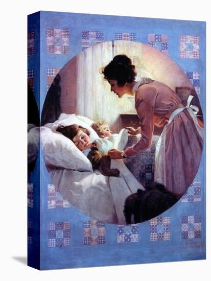 Mother Tucking Children into Bed-Norman Rockwell-Stretched Canvas