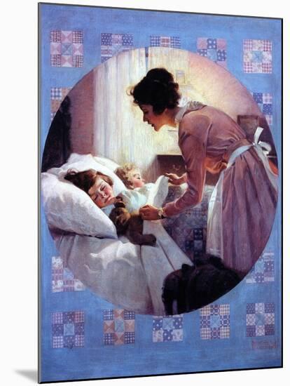 Mother Tucking Children into Bed-Norman Rockwell-Mounted Giclee Print