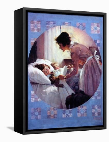 Mother Tucking Children into Bed-Norman Rockwell-Framed Stretched Canvas