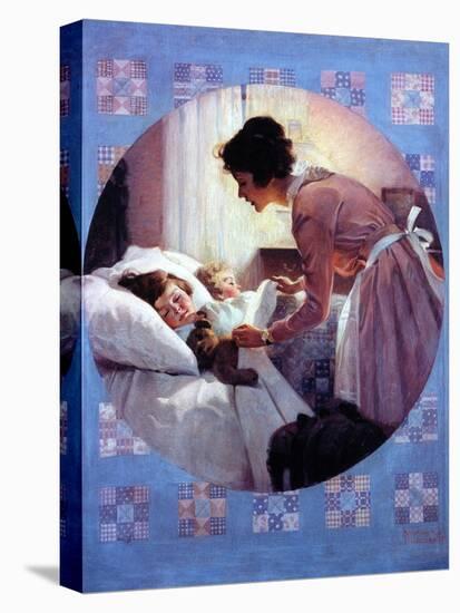 Mother Tucking Children into Bed-Norman Rockwell-Stretched Canvas