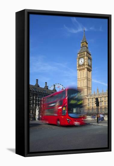 Motion Blurred Red London Bus Below Big Ben-Stuart Black-Framed Stretched Canvas