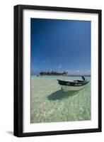 Motorboat anchoring in the turquoise waters of El Acuario, San Andres, Caribbean Sea, Colombia, Sou-Michael Runkel-Framed Photographic Print