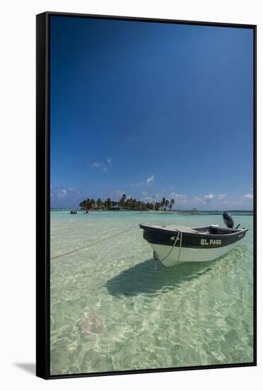 Motorboat anchoring in the turquoise waters of El Acuario, San Andres, Caribbean Sea, Colombia, Sou-Michael Runkel-Framed Stretched Canvas