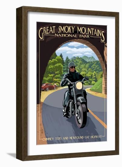 Motorcycle and Tunnel - Great Smoky Mountains National Park, TN-Lantern Press-Framed Art Print