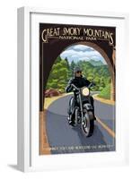 Motorcycle and Tunnel - Great Smoky Mountains National Park, TN-Lantern Press-Framed Art Print