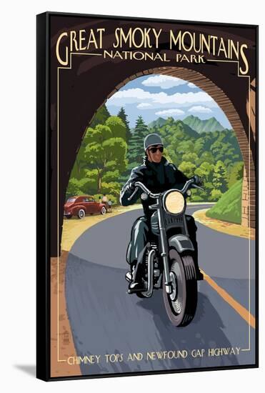 Motorcycle and Tunnel - Great Smoky Mountains National Park, TN-Lantern Press-Framed Stretched Canvas