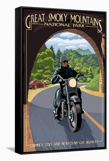 Motorcycle and Tunnel - Great Smoky Mountains National Park, TN-Lantern Press-Framed Stretched Canvas