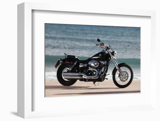 Motorcycle, Cruiser, Harley Davidson Wide Glide, Black, Sea in the Background, Side Standard Right-Fact-Framed Photographic Print