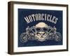 Motorcycle Side View and Skull with Glasses. View over the Handlebars. Vector Engraved Illustration-MoreVector-Framed Art Print