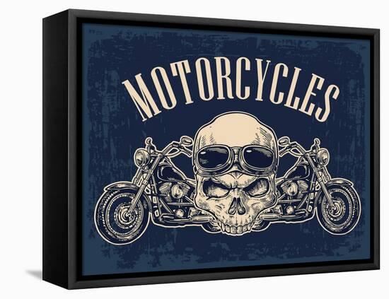 Motorcycle Side View and Skull with Glasses. View over the Handlebars. Vector Engraved Illustration-MoreVector-Framed Stretched Canvas