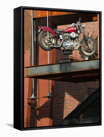 Motorcycle Sign outside of Club, Westport Area, Kansas City, Missouri, USA-Walter Bibikow-Framed Stretched Canvas