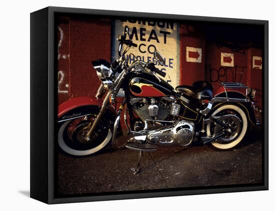 Motorcycle with Brick Wall and Graffiti-null-Framed Stretched Canvas