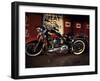 Motorcycle with Brick Wall and Graffiti-null-Framed Premium Photographic Print