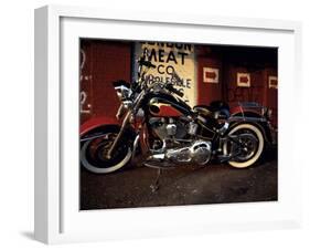 Motorcycle with Brick Wall and Graffiti-null-Framed Premium Photographic Print