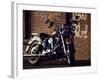 Motorcycle with Brick Wall and Graffiti-null-Framed Photographic Print