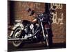 Motorcycle with Brick Wall and Graffiti-null-Mounted Photographic Print